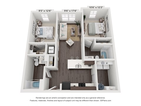 Floor plan for 2 beds, 2 baths, 917 sqft
